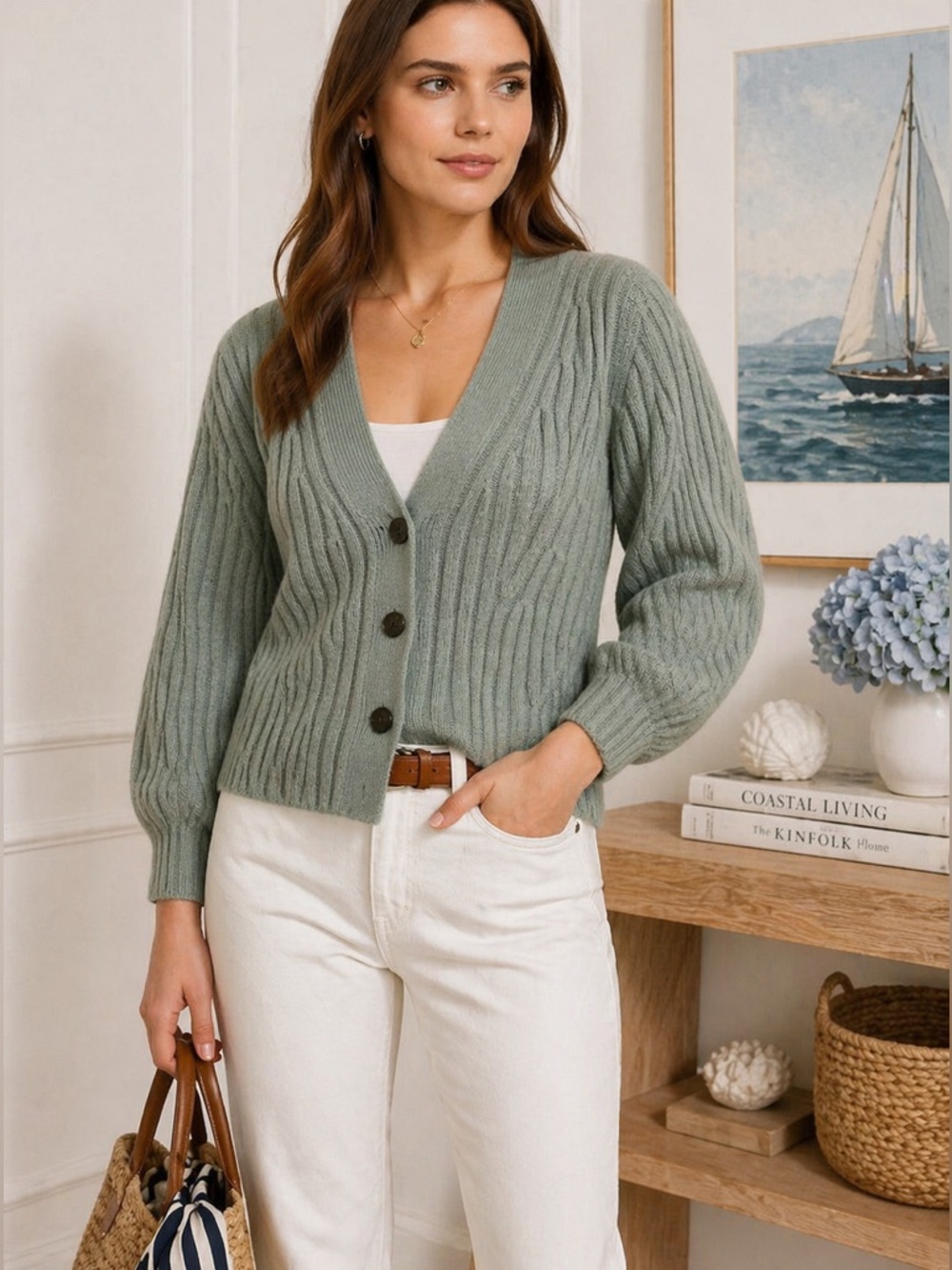 VINCE Poet Sleeve Ribbed Cardigan Sweater Cashmere Wool Sea Sage Green XS